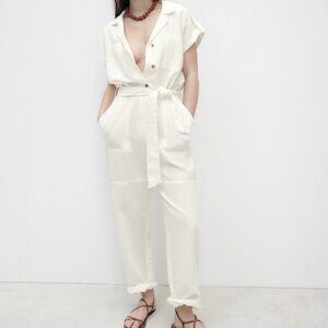 NWT ZARA LINEN BLENDCARGO STYLE JUMPSUIT WHITE SIZE S/M